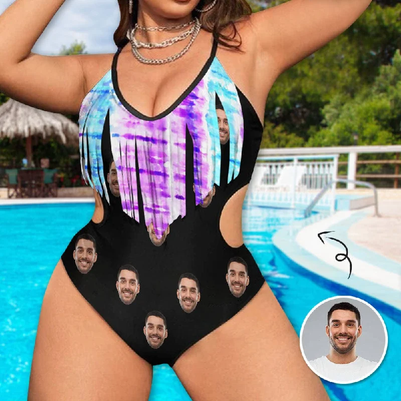 tropical geometric swimwear-Custom Face Black Women's Fringe One Piece Swimsuit Personalized Bathing Suit for Her