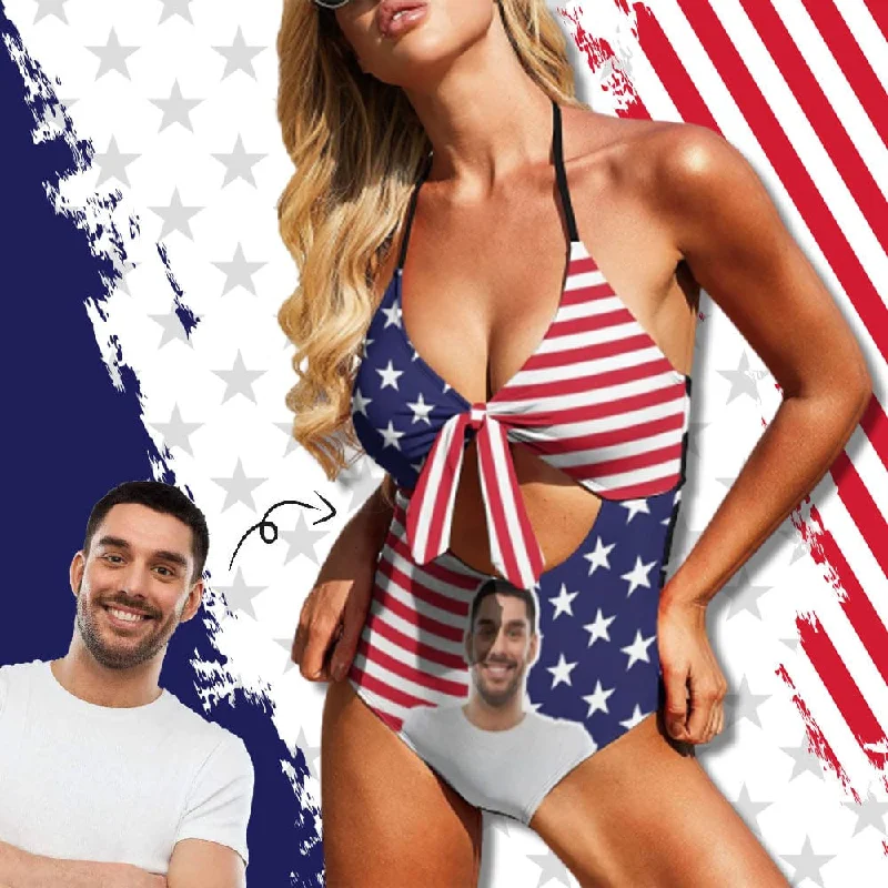 breathable tankini swimwear-American Flag Monokini Custom Face Flag Swimsuit Personalized Women's Backless Bow Hollow Out One Piece Bathing Suit