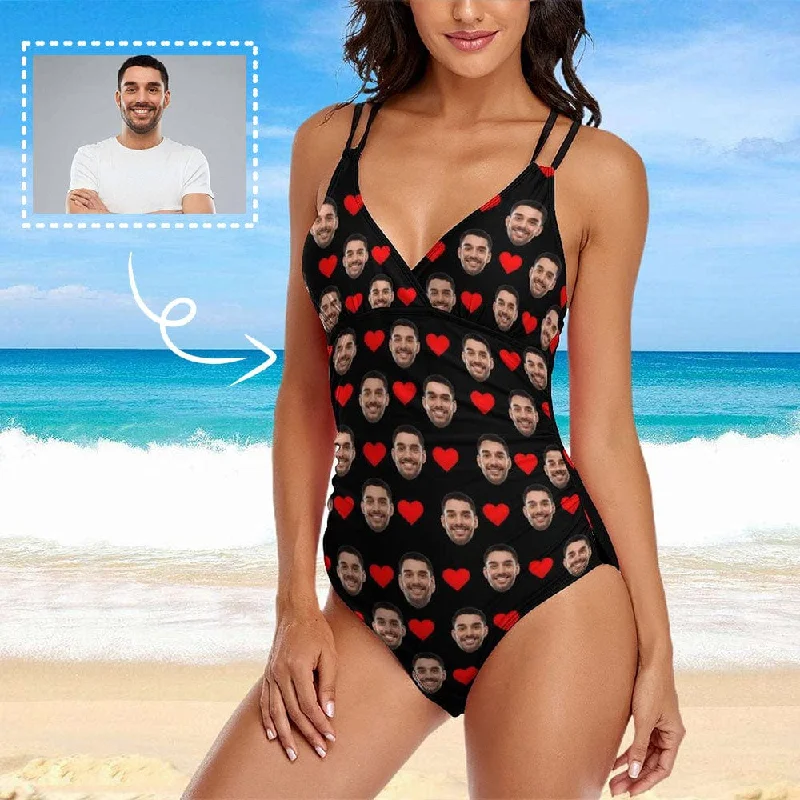 padded floral swimwear-Custom Face Love Heart Swimsuit Personalized Women's One Piece Swimsuit