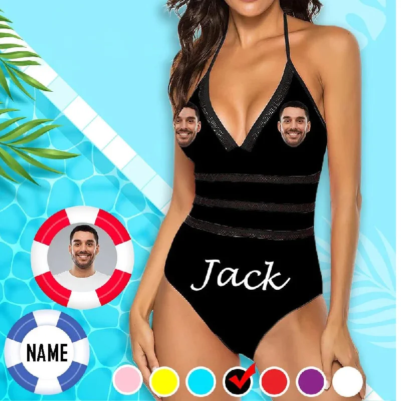 bold mesh swimwear-Custom Face&Name Colorful Swimsuit Personalized Women's New Strap One Piece Bathing Suit Bachelorette Party