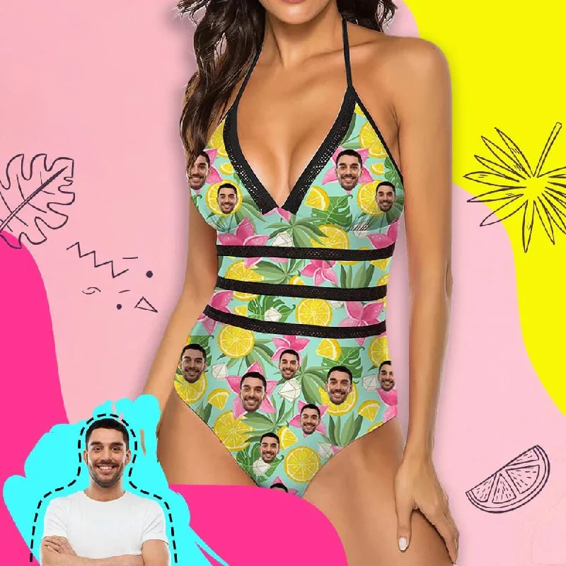 sheer floral swimwear-Custom Face Tropical Style Swimsuit Personalized Women's New Strap One Piece Bathing Suit Holiday Party For Her