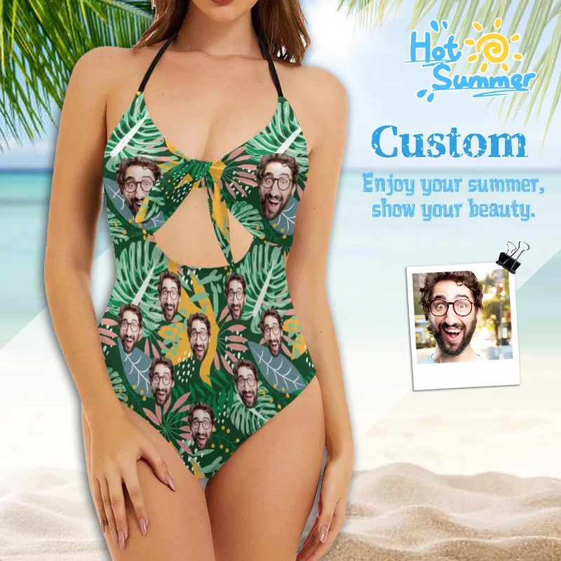 eco-friendly striped swimwear-Custom Green Tropical Face Swimsuit Personalized Women's Backless Bow One Piece Bathing Suit Honeymoons For Her