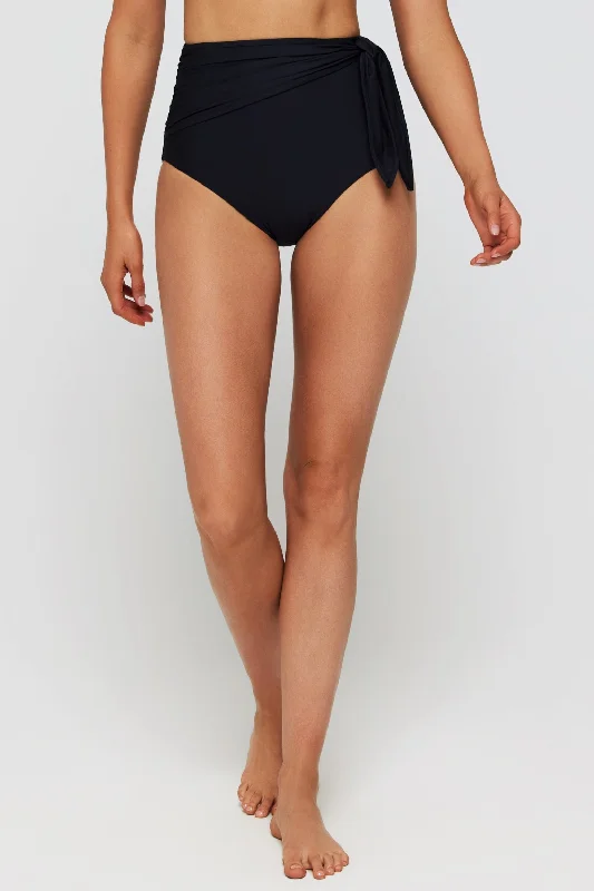 sporty abstract swimwear-Genevieve Sash Tie High-Waisted Bottoms in Black