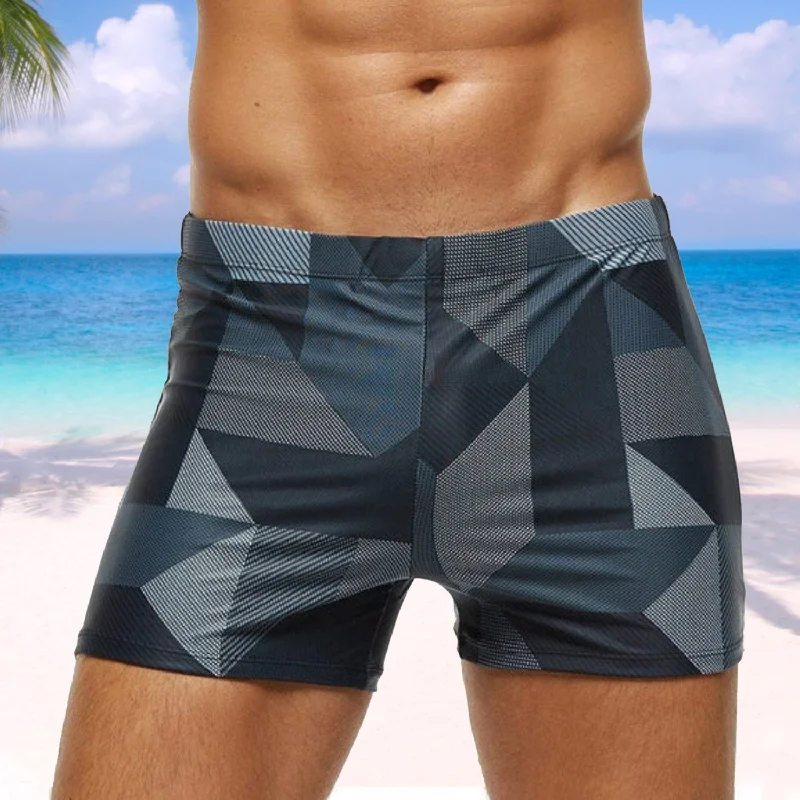 Grey Geometric Swim Trunks