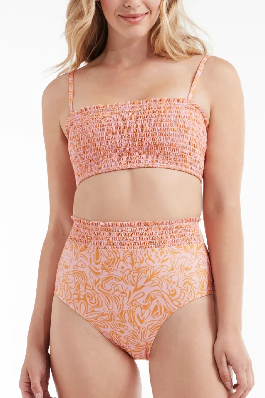 sheer geometric swimwear-Hanna Smocked Removable Straps Two-Piece Bikini Top in Peach Medley- FINAL SALE