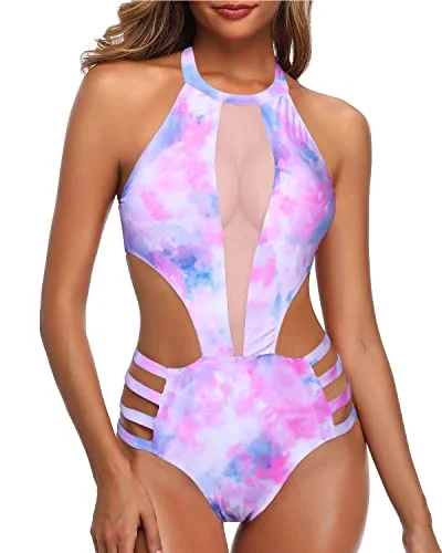 Sexy Mesh Patchwork Monokini High Neck One Piece Swimsuit-Color Tie Dye