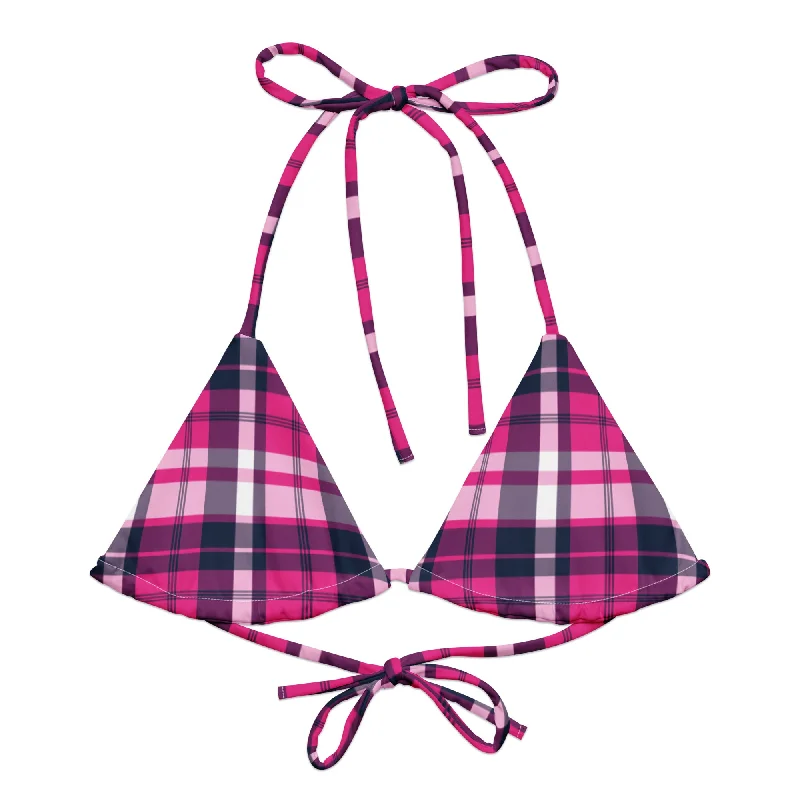 padded striped swimwear-Hot Pink and Navy Blue Preppy Surfer Girl Plaid String Bikini Top