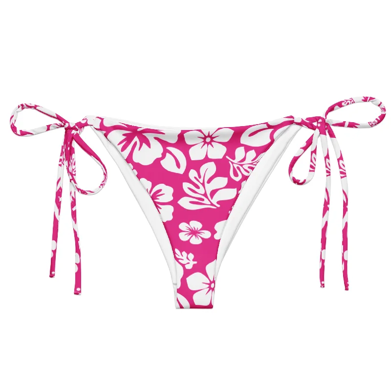 soft coral swimwear-Hot Pink and White Hawaiian Flowers String Bikini Bottoms