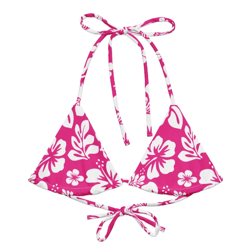 floral cut-out swimwear-Hot Pink and White Hawaiian Flowers String Bikini Top