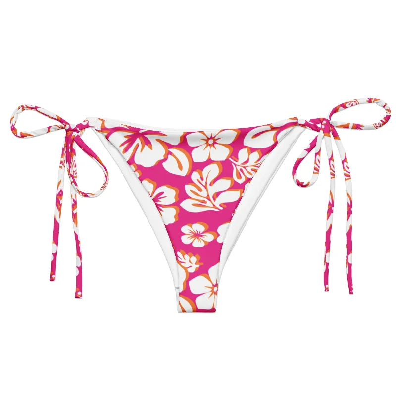 UV-protective striped swimwear-Hot Pink, Orange and White Hawaiian Flowers String Bikini Bottoms