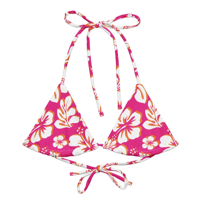 soft floral swimwear-Hot Pink, Orange and White Hawaiian Flowers String Bikini Top