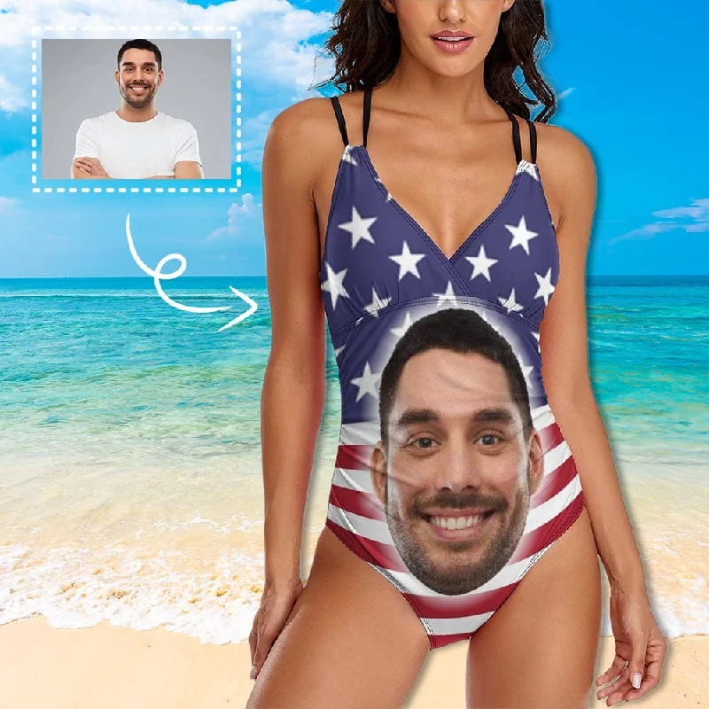 classic green swimwear-#Independence Day#Custom Big Face Swimsuit Personalized Women's One Piece Swimsuit With Lover's Face