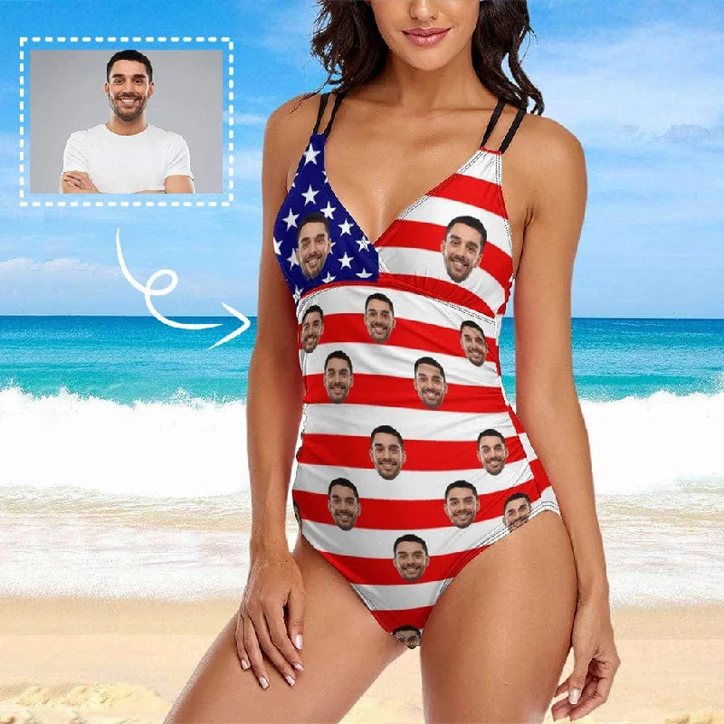 retro geometric swimwear-#July 4-4th of July Custom Face Stripe Flag Swimsuit Personalized Women's One Piece Swimsuit