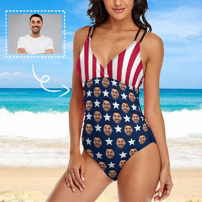 durable tropical swimwear-Custom Face USA Flag Swimsuit Personalized Women's One Piece Swimsuit