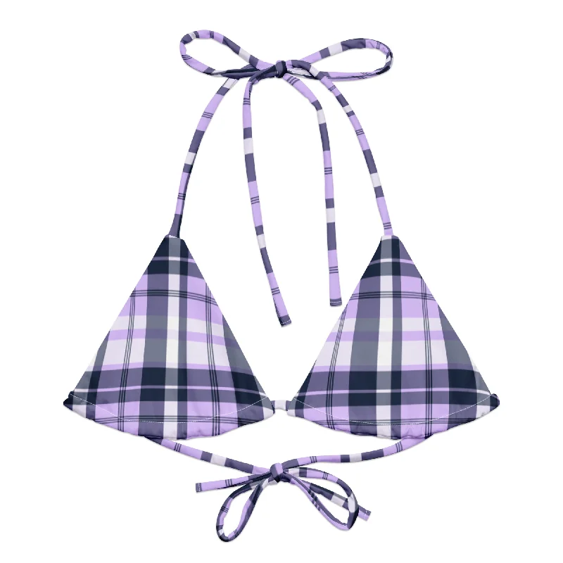 vibrant green swimwear-Lavender and Navy Blue Preppy Surfer Girl Plaid String Bikini