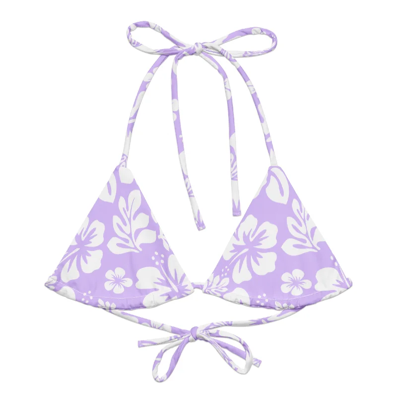 quick-dry polka dot swimwear-Lavender and White Hawaiian Flowers String Bikini Top