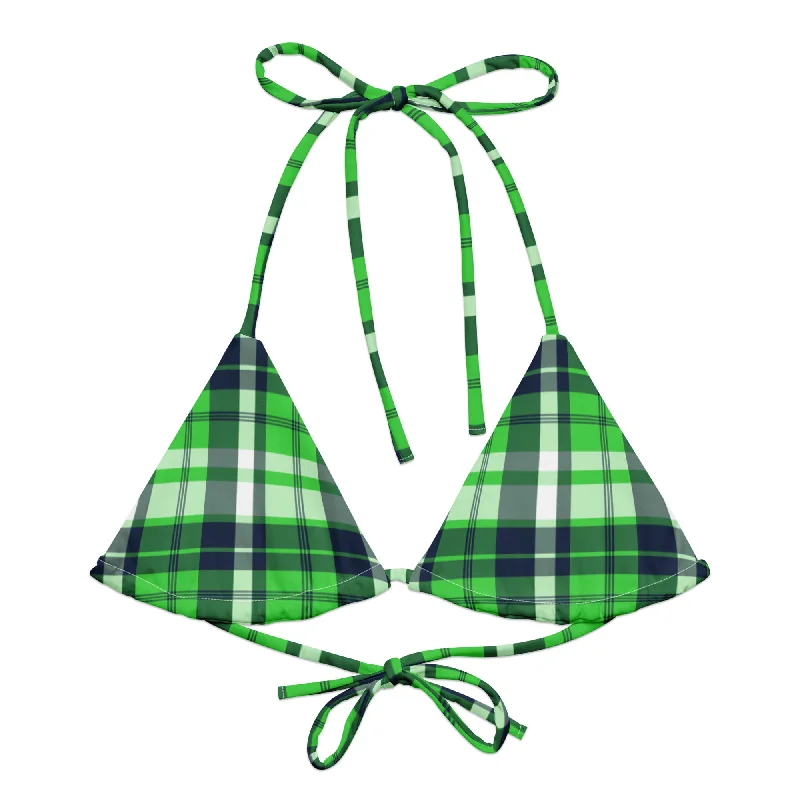 sleek yellow swimwear-Lime Green and Navy Blue Preppy Surfer Girl Plaid String Bikini Top