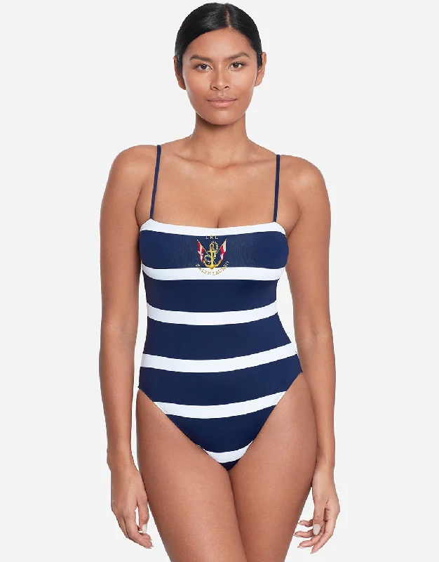 Mariner Stripe Embroidered Square Neck Swimsuit - Navy and White