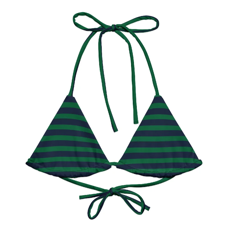 high-waisted floral swimwear-Navy Blue and Green Beach Stripes String Bikini Top