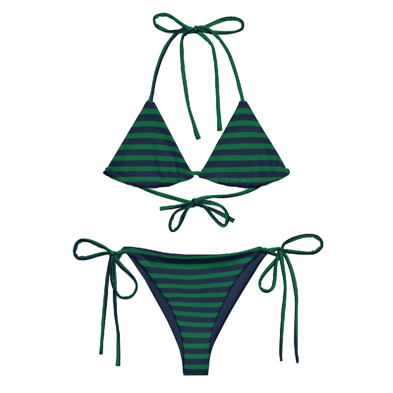 colorful polka dot swimwear-Navy Blue and Green Classic Beach Stripes String Bikini