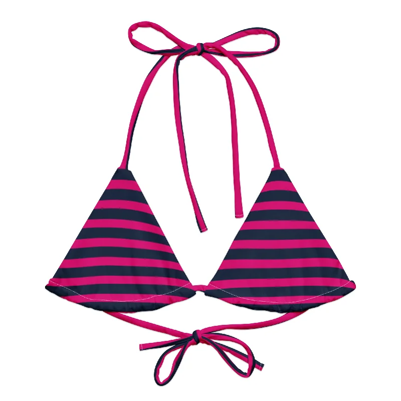 tropical floral swimwear-Navy Blue and Violet Red Beach Stripes String Bikini Top