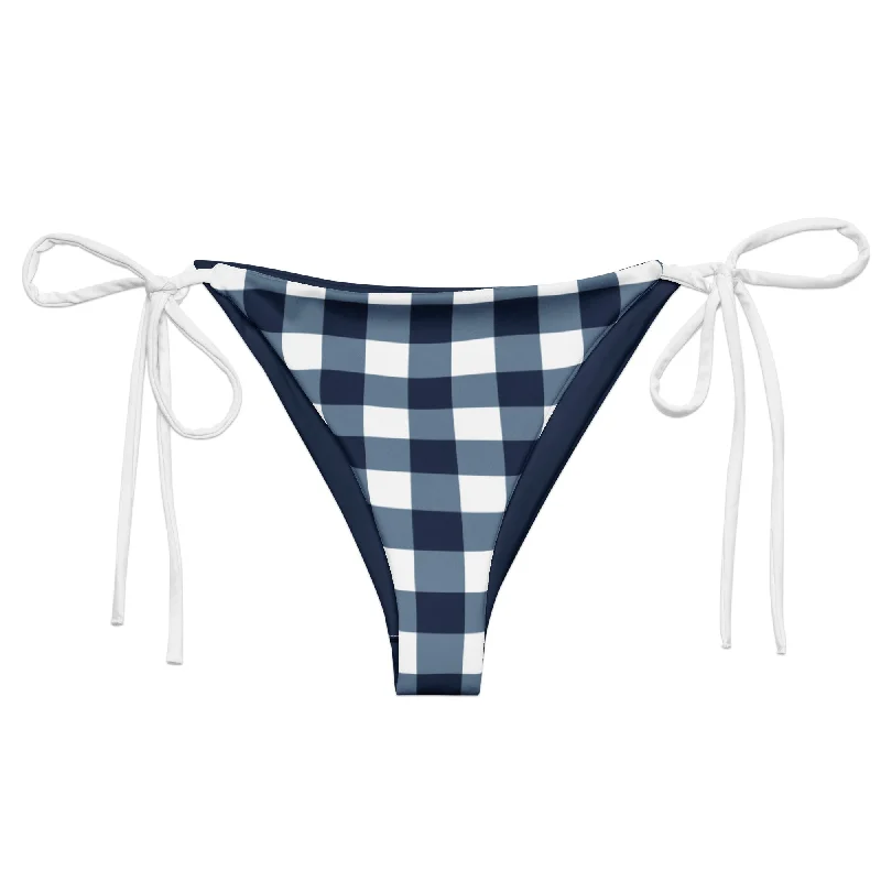 lightweight floral swimwear-Navy Blue and White Gingham Check String Bikini Swimsuit Bottoms