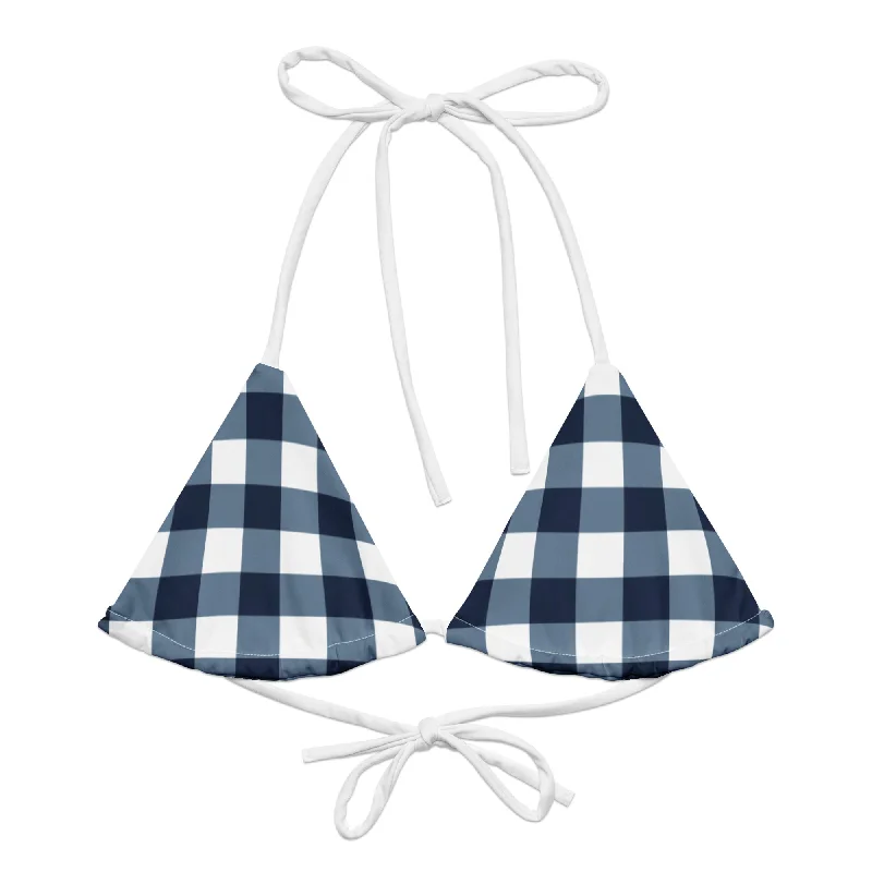 vibrant yellow swimwear-Navy Blue and White Gingham String Bikini Swimsuit Top