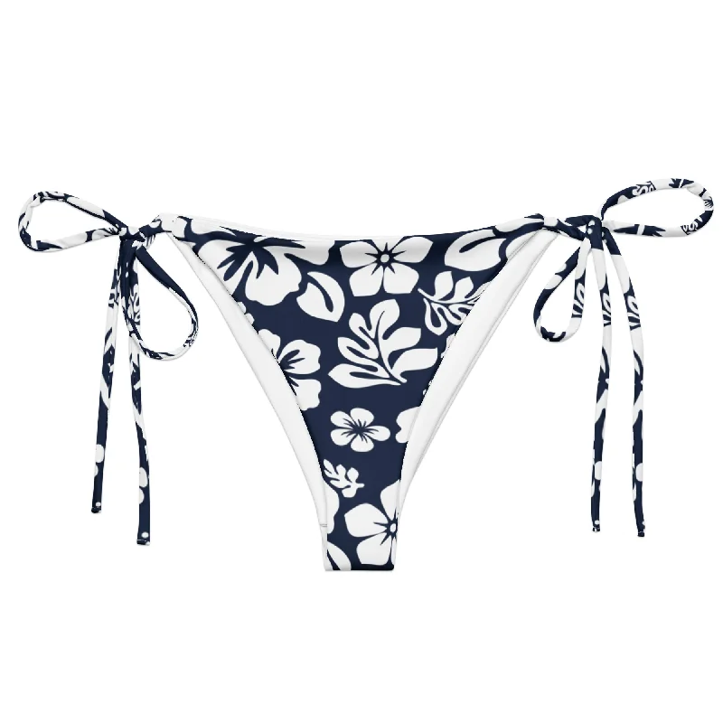 sheer striped swimwear-Navy Blue and White Hawaiian Flowers String Bikini Bottoms