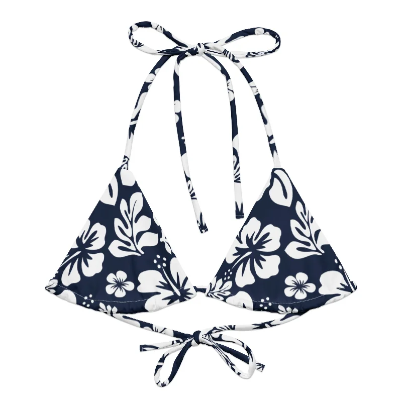 sheer floral swimwear-Navy Blue and White Hawaiian Flowers String Bikini Top