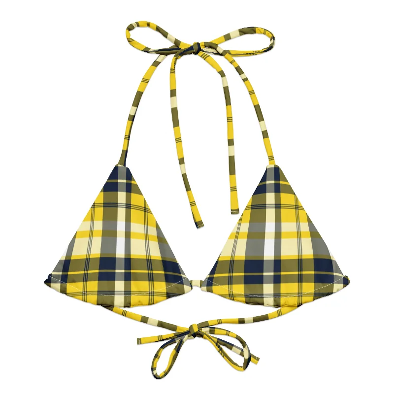 eco-friendly mesh swimwear-Navy Blue and Yellow Preppy Surfer Girl Plaid String Bikini Top