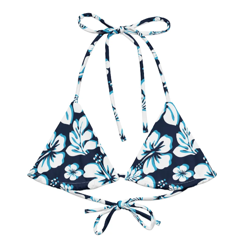 chic abstract swimwear-Navy Blue, Aqua and White Hawaiian Flowers String Bikini Top