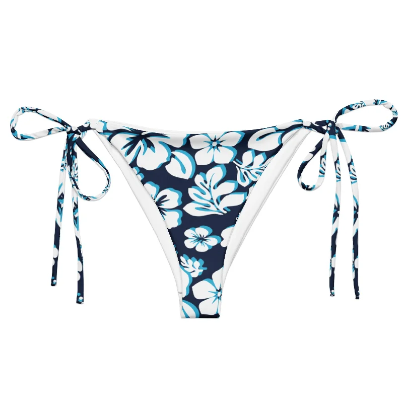 vibrant coral swimwear-Navy Blue, Aqua and White Hawaiian Flowers String Bikini