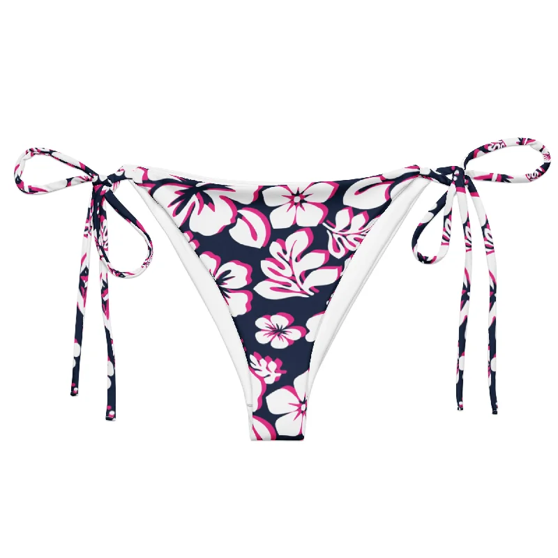 boho floral swimwear-Navy Blue, Hot Pink and White Hawaiian Flowers String Bikini Bottoms