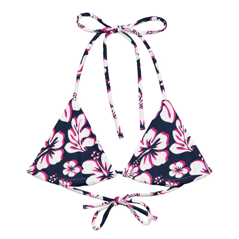 luxury floral swimwear-Navy Blue, Hot Pink and White Hawaiian Flowers String Bikini Top