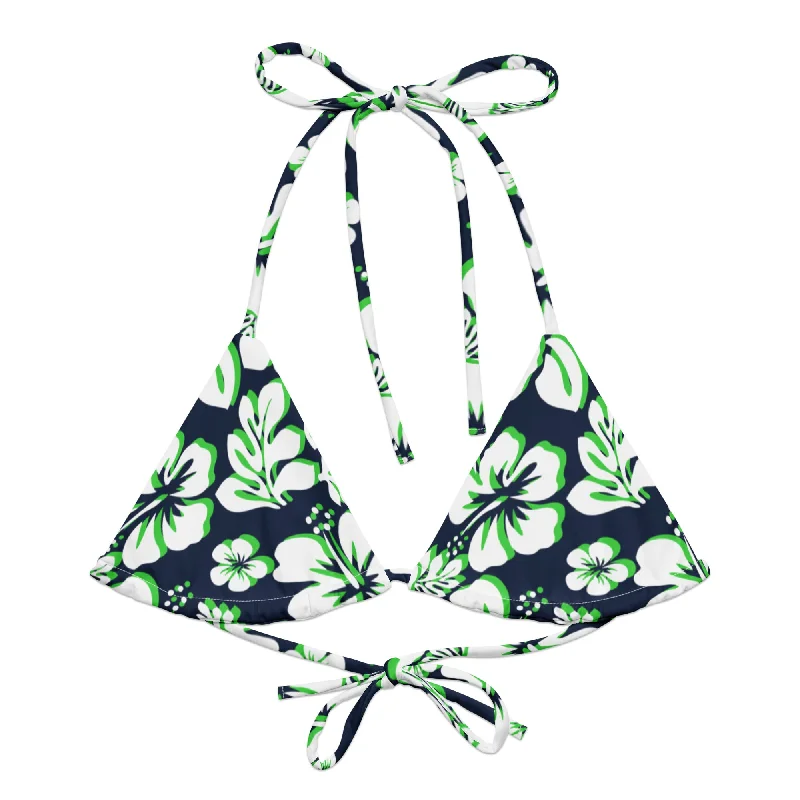 athletic floral swimwear-Navy Blue, Lime Green and White Hawaiian Flowers String Bikini Top