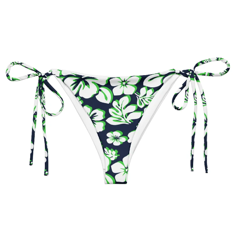 padded geometric swimwear-Navy Blue, Lime Green and White Hawaiian Flowers String Bikini