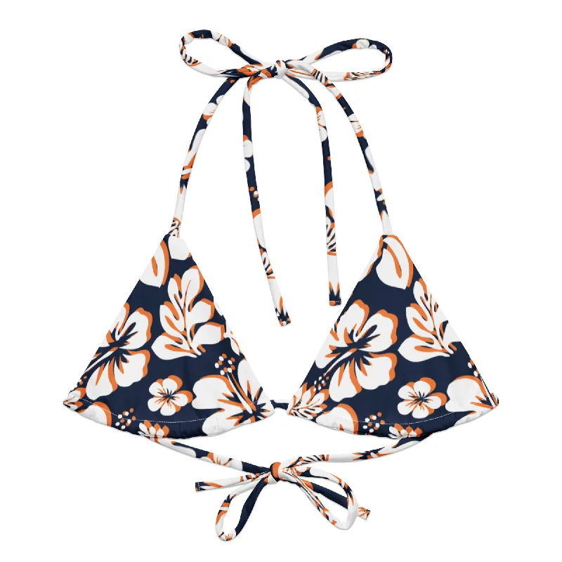 vintage mesh swimwear-Navy Blue, Orange and White Hawaiian Flowers String Bikini Top