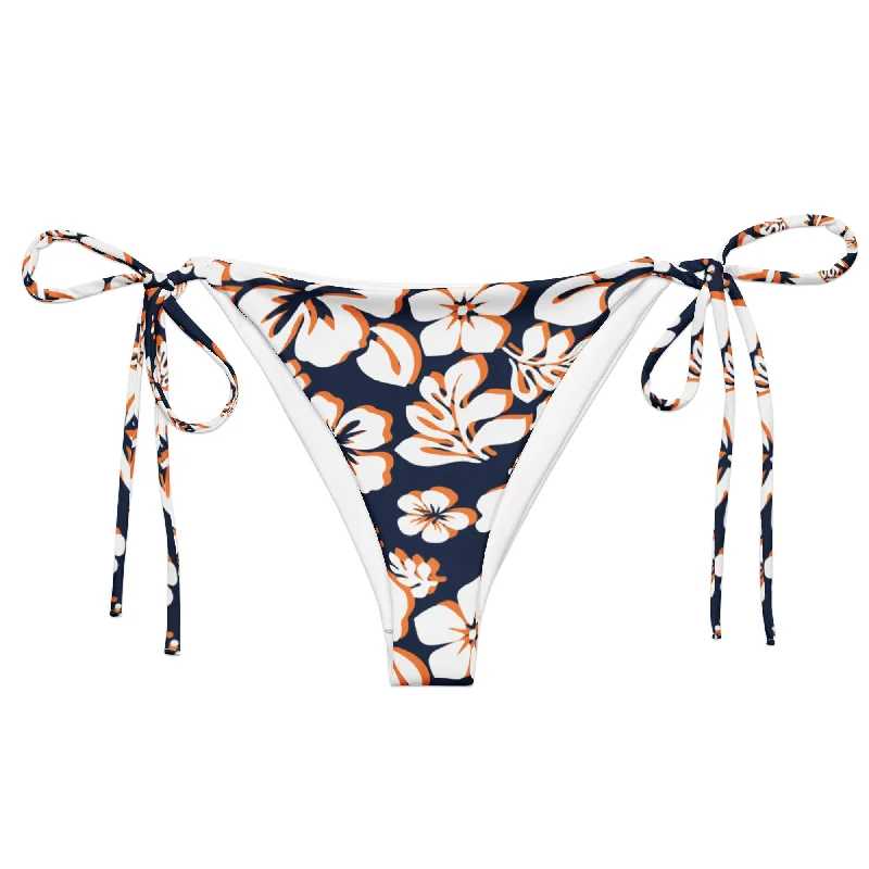 stretchy floral swimwear-Navy Blue, Orange and White Hawaiian Flowers String Bikini