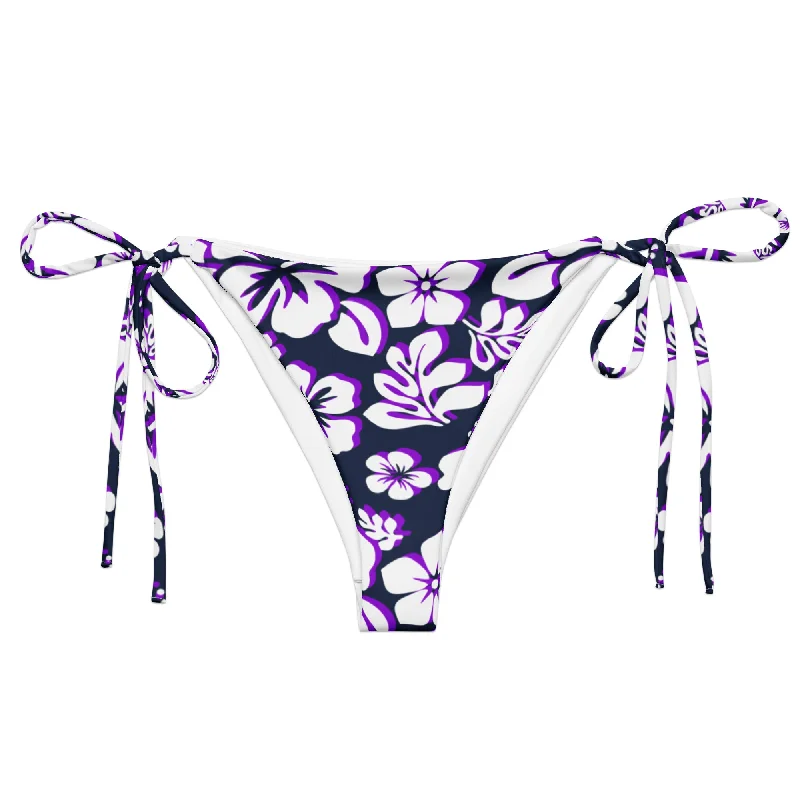 plus-size floral swimwear-Navy Blue, Purple and White Hawaiian Flowers String Bikini Bottoms