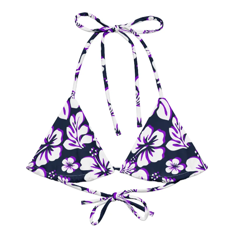 plus-size striped swimwear-Navy Blue, Purple and White Hawaiian Flowers String Bikini Top