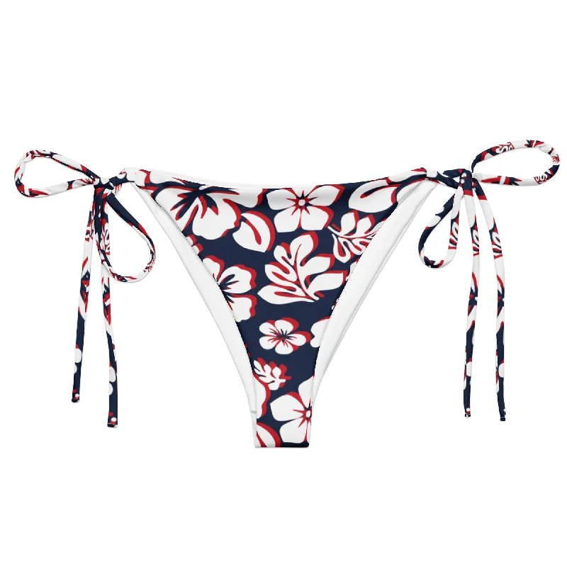 textured mesh swimwear-Navy Blue, Red and White Hawaiian Flowers String Bikini Bottoms