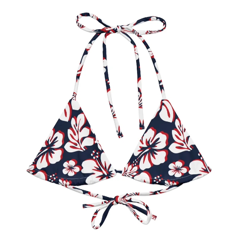 breathable tankini swimwear-Navy Blue, Red and White Hawaiian Flowers String Bikini Top