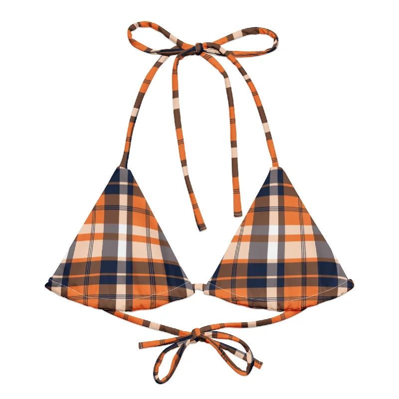 tie-front black swimwear-Orange and Navy Blue Preppy Surfer Girl Plaid String Bikini Top