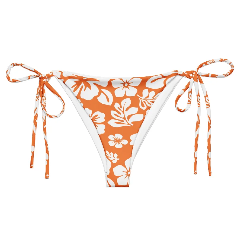 durable striped swimwear-Orange and White Hawaiian Flowers String Bikini Bottoms