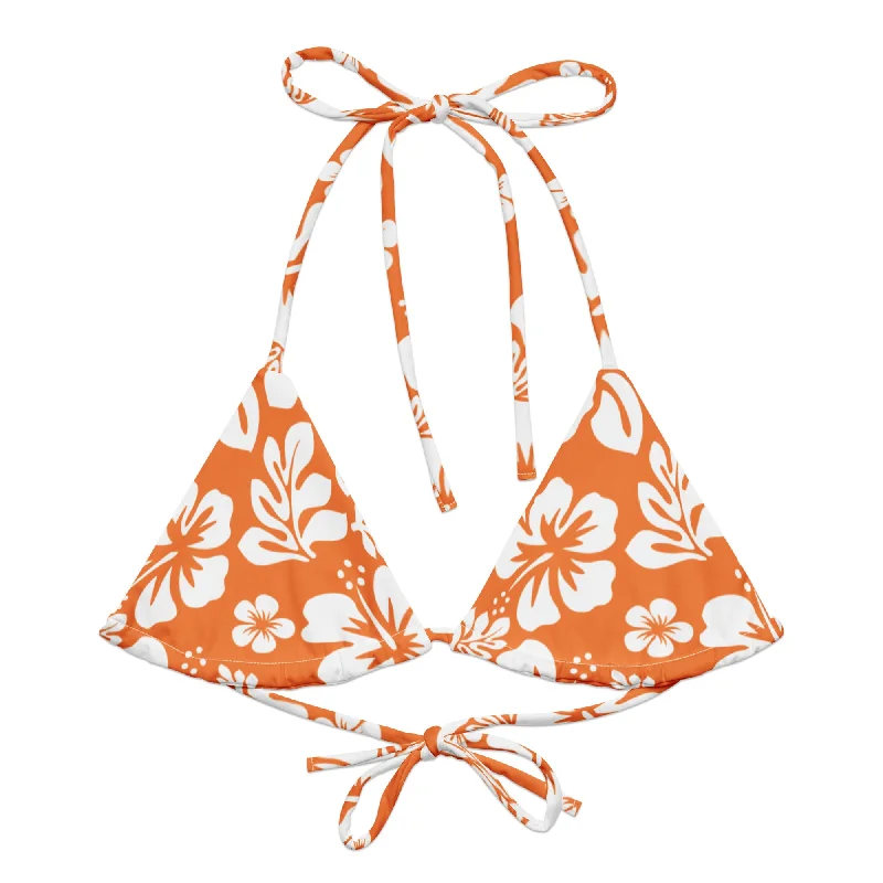 sporty floral swimwear-Orange and White Hawaiian Flowers String Bikini Top