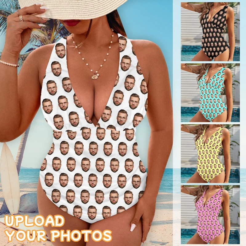 plunging halter swimwear-Personalized Face Deep V Neck One Piece Swimsuit Custom Different Colors Little Face Individualized Women's Cross-back One Piece Bthingsuit