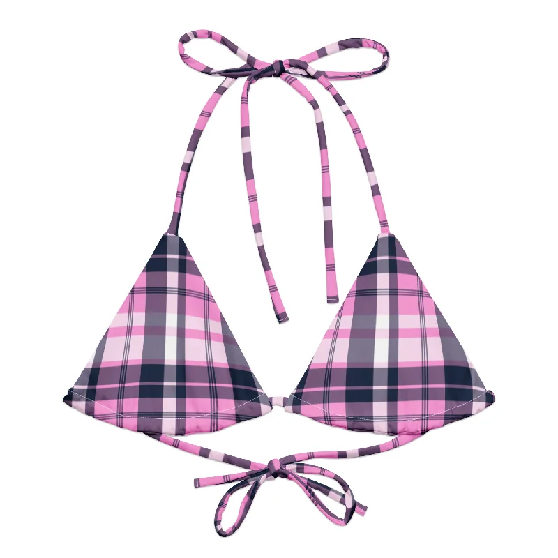 classic floral swimwear-Pink and Navy Blue Preppy Surfer Girl Plaid String Bikini