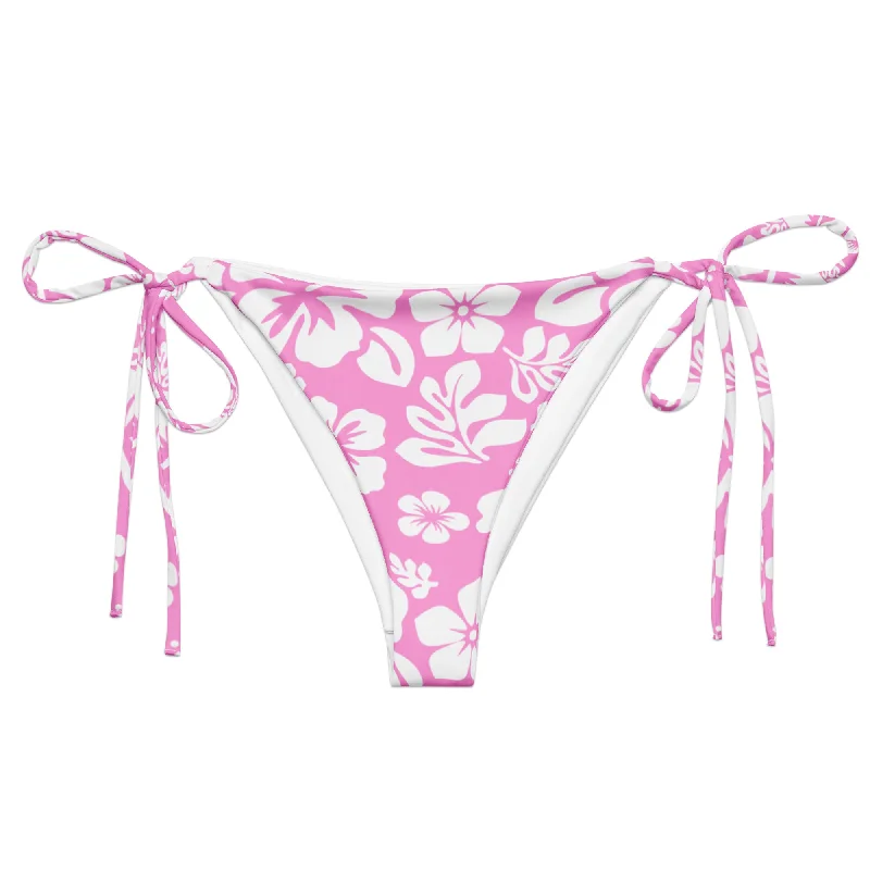 stylish tropical swimwear-Pink and White Hawaiian Flowers String Bikini Bottoms