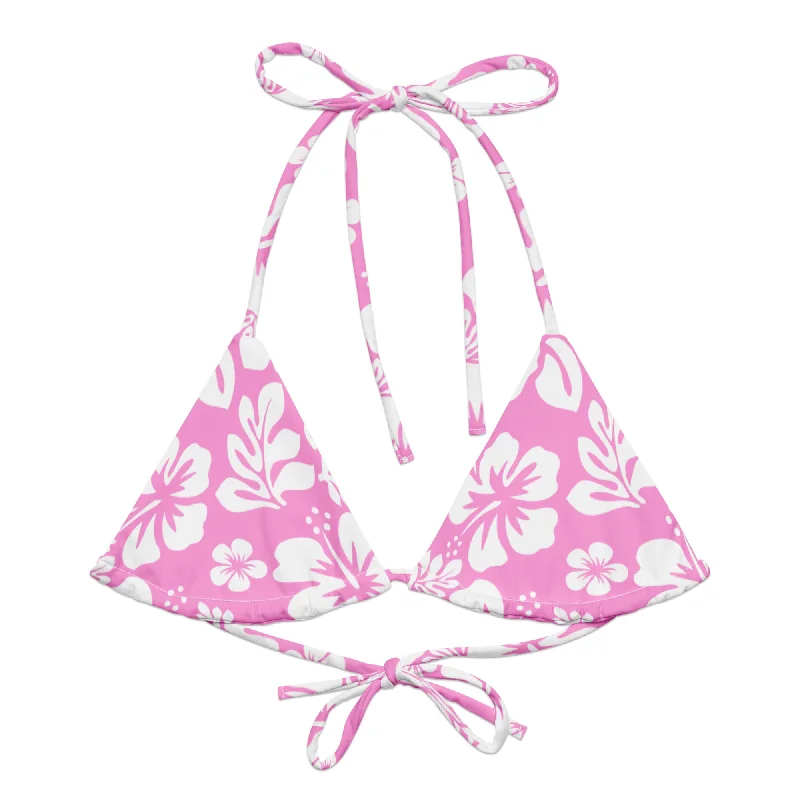 tropical abstract swimwear-Pink and White Hawaiian Flowers String Bikini Top