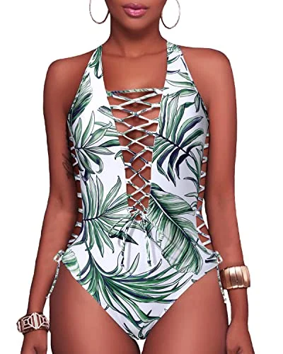 Lace Up Strappy Cutout Monokini One Piece Swimsuits-Green Leaf